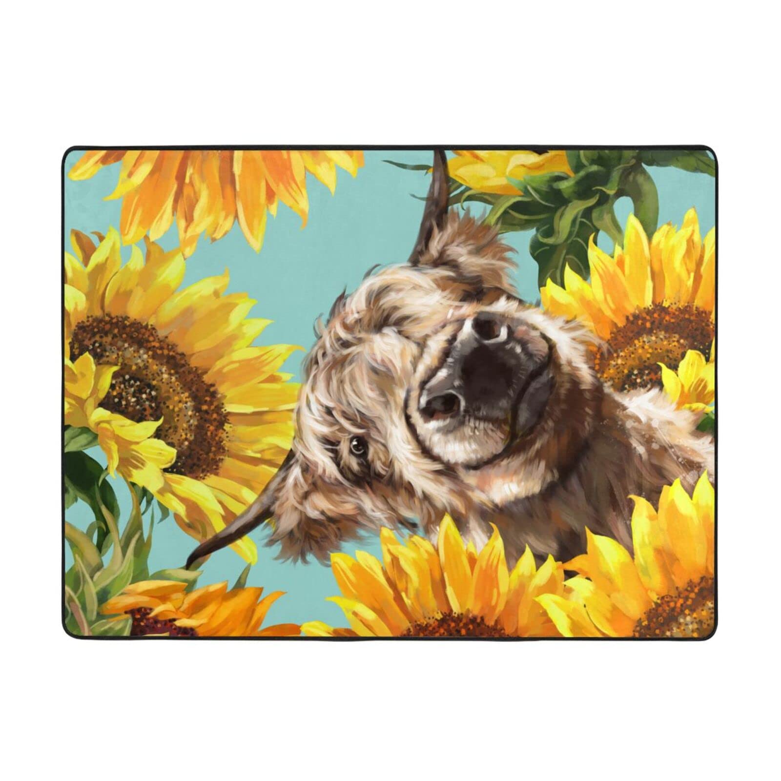 Tapis motif vache tournesol bleu antidérapant et moelleux en flanelle pour salon 160x122 cm