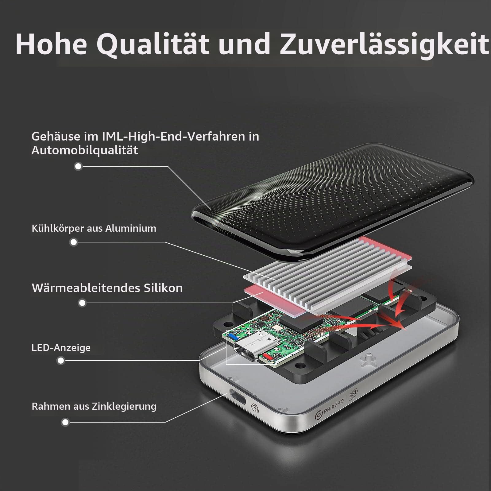 PHIXERO 1TB Externe SSD, USB 3.2 Gen 2 bis zu 1050MB/s SSD Festplatte Extern, High Speed ​​Festplatte Extern für Fotografen und Spiele Kompatibel mit PC, Laptop, Mac und PS4/Xbox