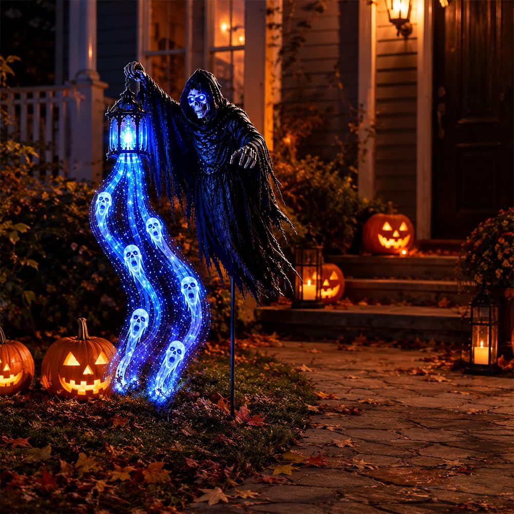 Soul Harvester Solar Yard Stake Light, Animated Blue Ghost Halloween Decor