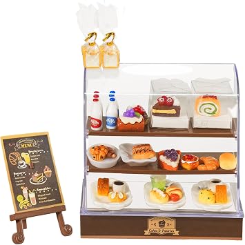 92 Pcs Miniature Bakery Case Cake Stand Cabinet with Mini Foods Set Miniature Food Cake Bread Dessert Milk Donuts for 112 Scale Mini Bakery Bread Shop Scene Models Mini House Kitchen Accessory