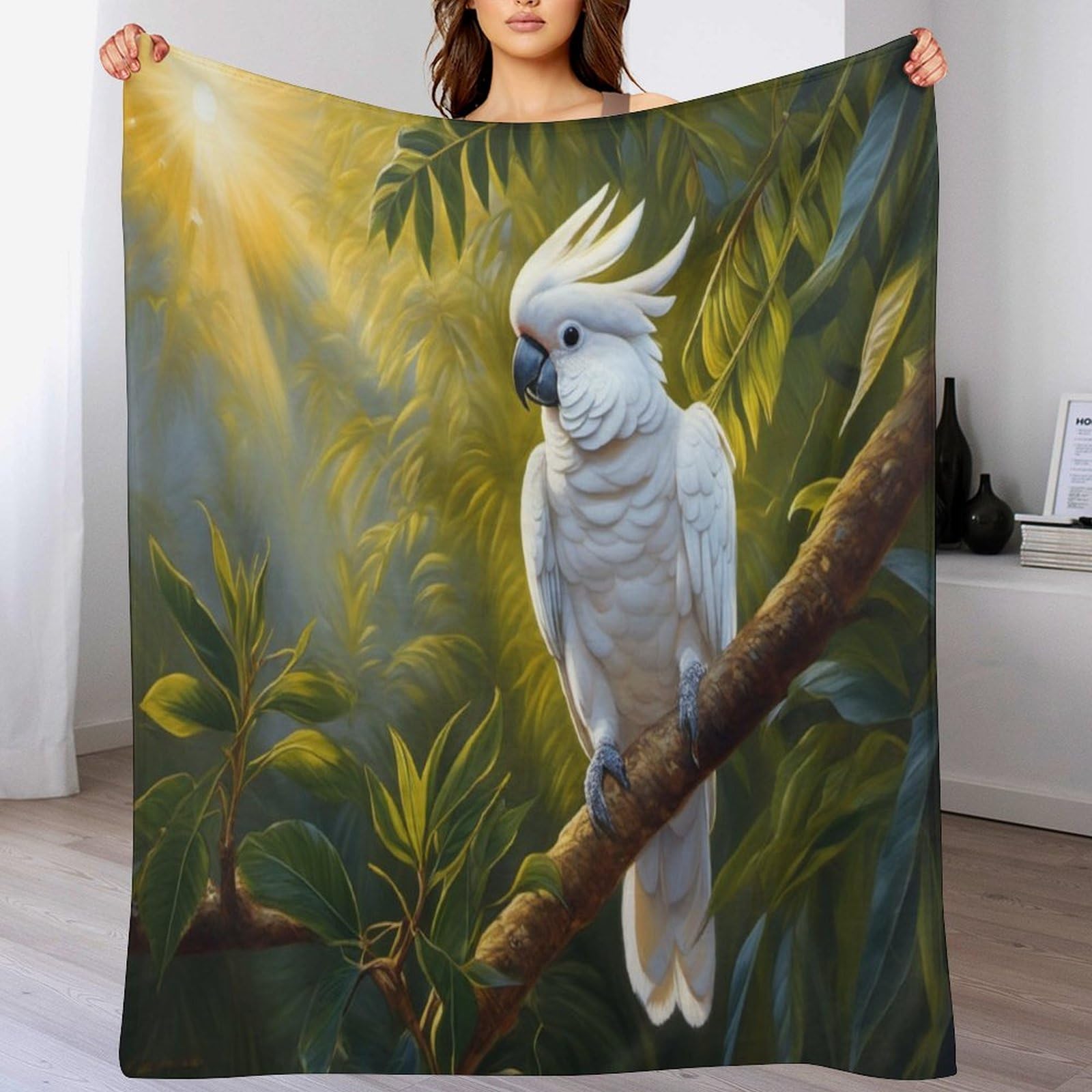 Couverture en flanelle polaire 180x200cm pour canapé imprimé perroquet blanc