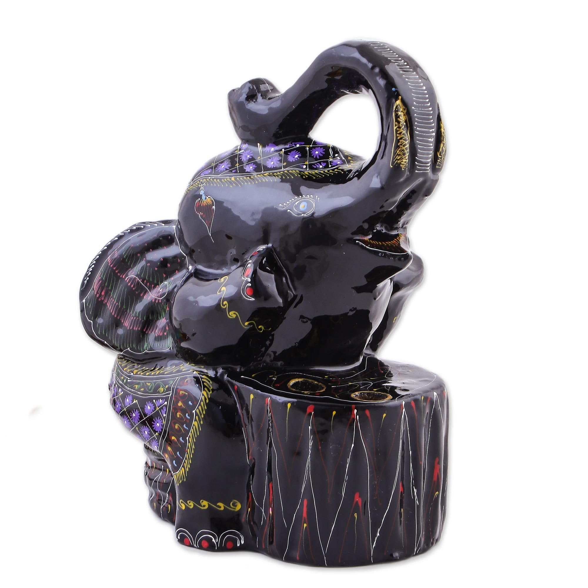 NOVICA Handgefertigter lackierter Stiftehalter aus Holz, schwarzer „Flirty Elephant“
