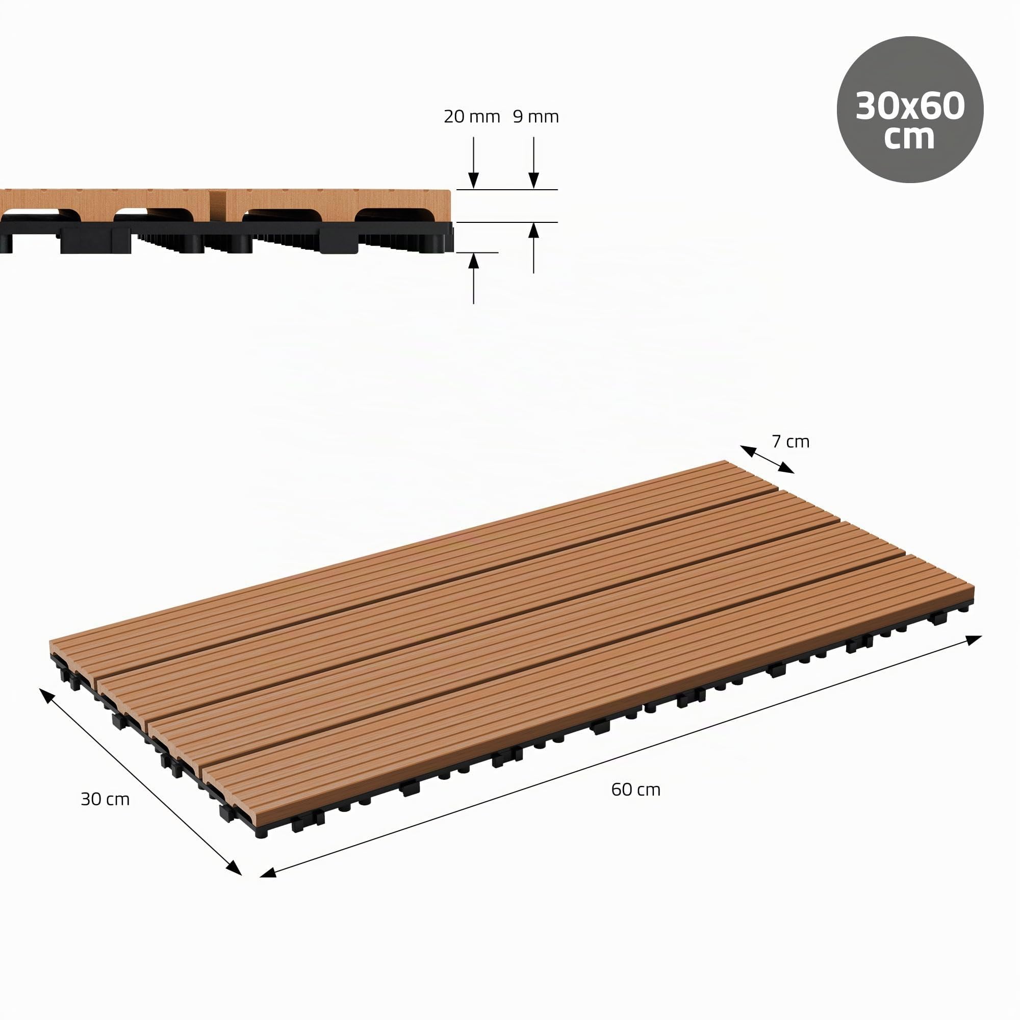 ECD Germany Dalles Terrasse Clipsables WPC 60x30 cm/6 pièces=1m² Marron Clair Strié Aspect Bois Panneaux avec Système à Clic et Drainage Revêtement de Sol Carrelage Lames Patio Jardin Extérieur