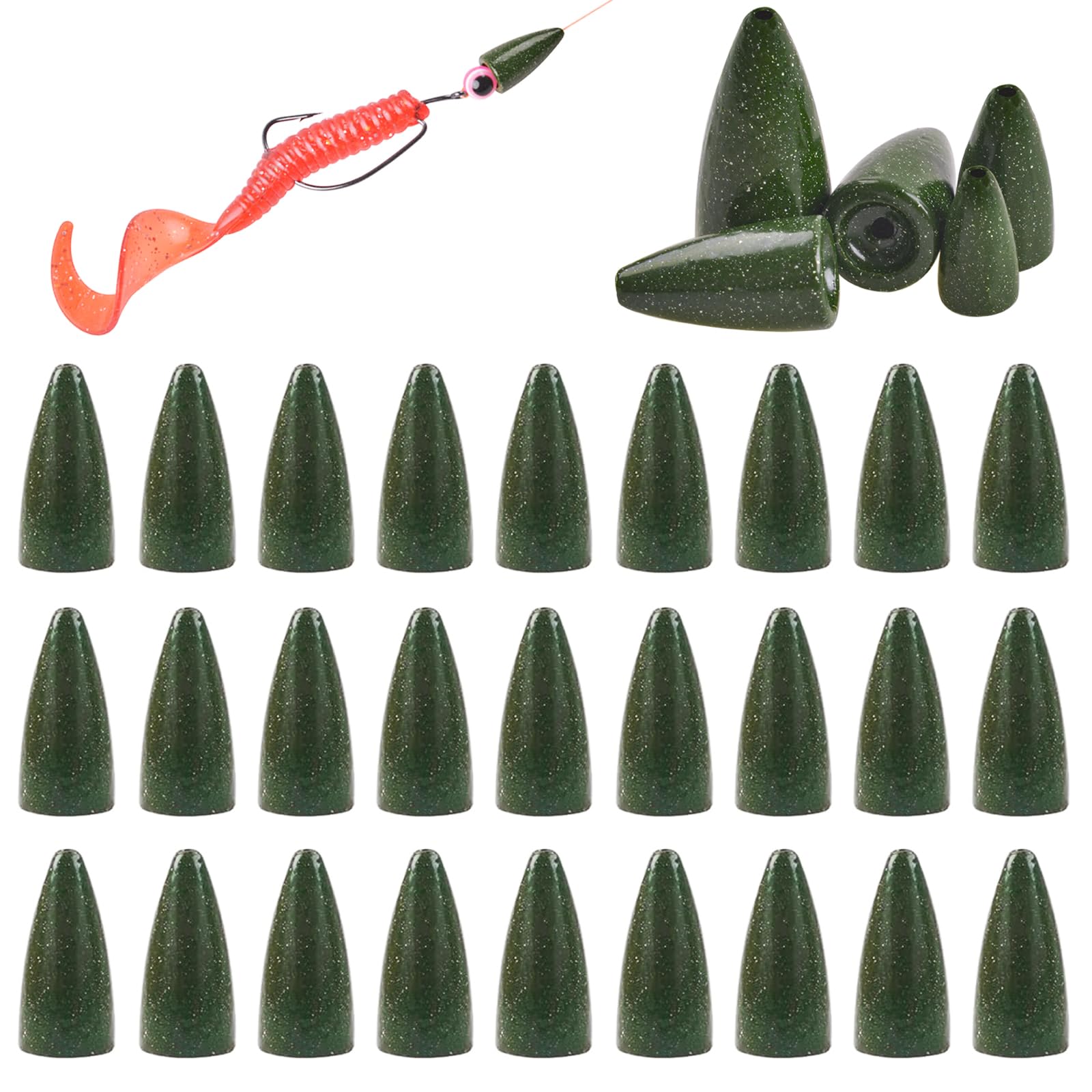 Bullet Fishing Weights Sinkers, 30pcs Worm Weights Fishing Sinkers for Bass Fishing Carolina Rig Texas Rig Slip Sinkers Sliding Fishing Weights