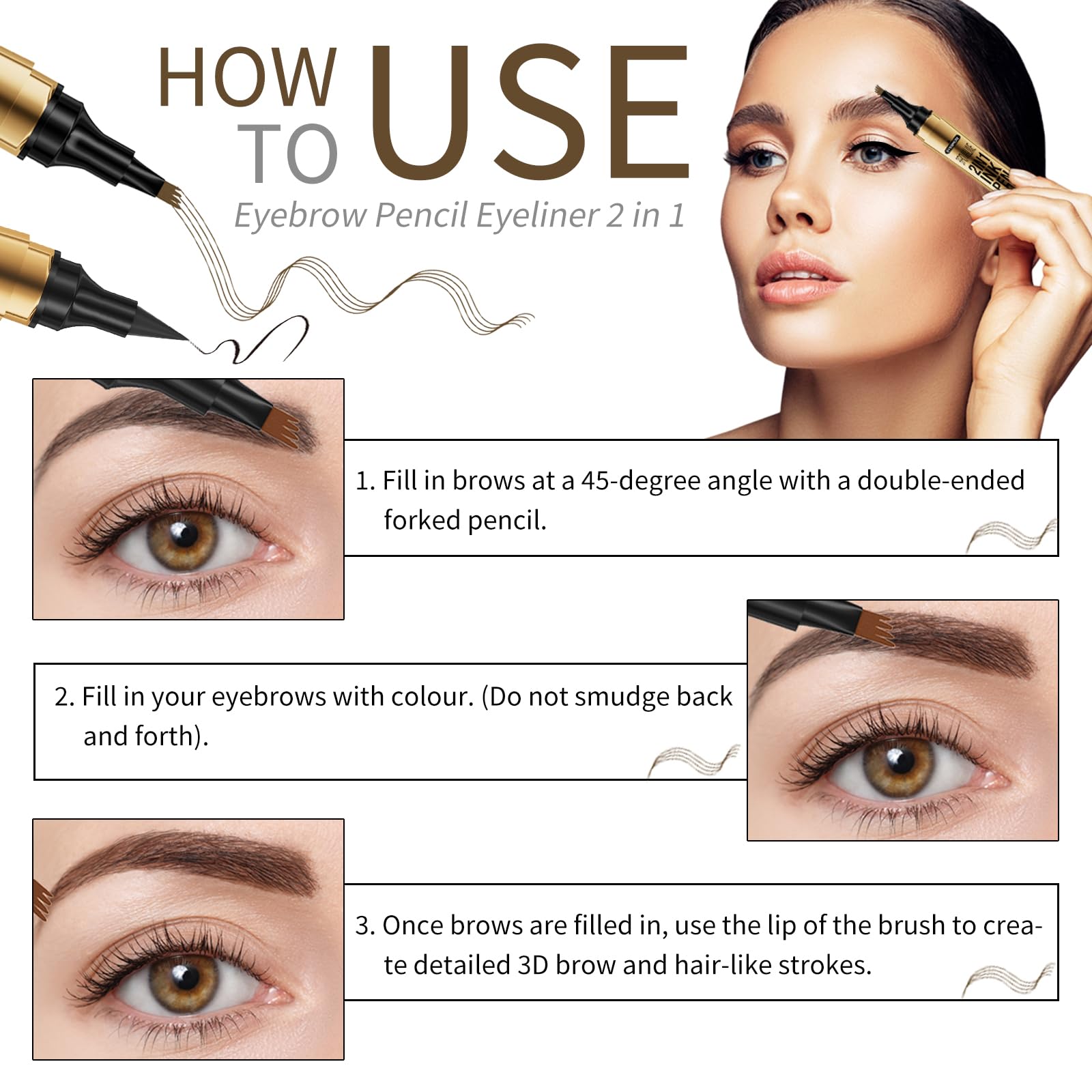 2-In-1 Eyebrow Pencil Light brown and Eyeliner Black,Infallible Faux Brow for Up to 24 Hours,Waterproof,Transfer and Smudge-Resistant (01#Light Brown+Eyeliner (black)) - Image 3