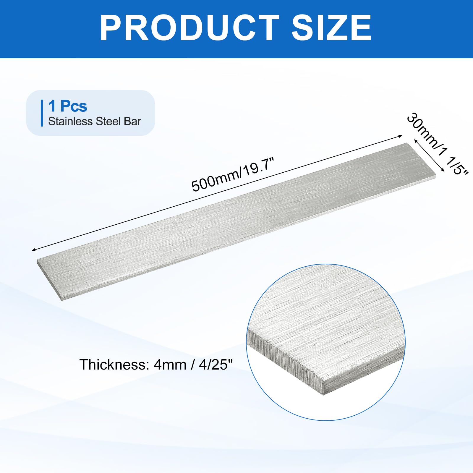 sourcing map Barre plate en acier inoxydable 316L - 500 mm de long - 30 mm de large - 4 mm d'épaisseur - Finition brossée - Pour bricolage, cuisine, artisanat, machines, construction et industrie