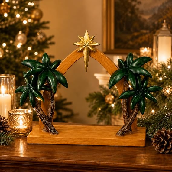 Comfy Hour 11 Nativity Stable with Star and Palm Trees, Rustic Wood Look Creche for Christmas Figurines, Indoor Religious Manger Scene Backdrop, Holiday Home Desktop Decor Accent, 1 Unit