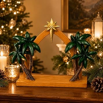 Comfy Hour 11 Nativity Stable with Star and Palm Trees, Rustic Wood Look Creche for Christmas Figurines, Indoor Religious Manger Scene Backdrop, Holiday Home Desktop Decor Accent, 1 Unit