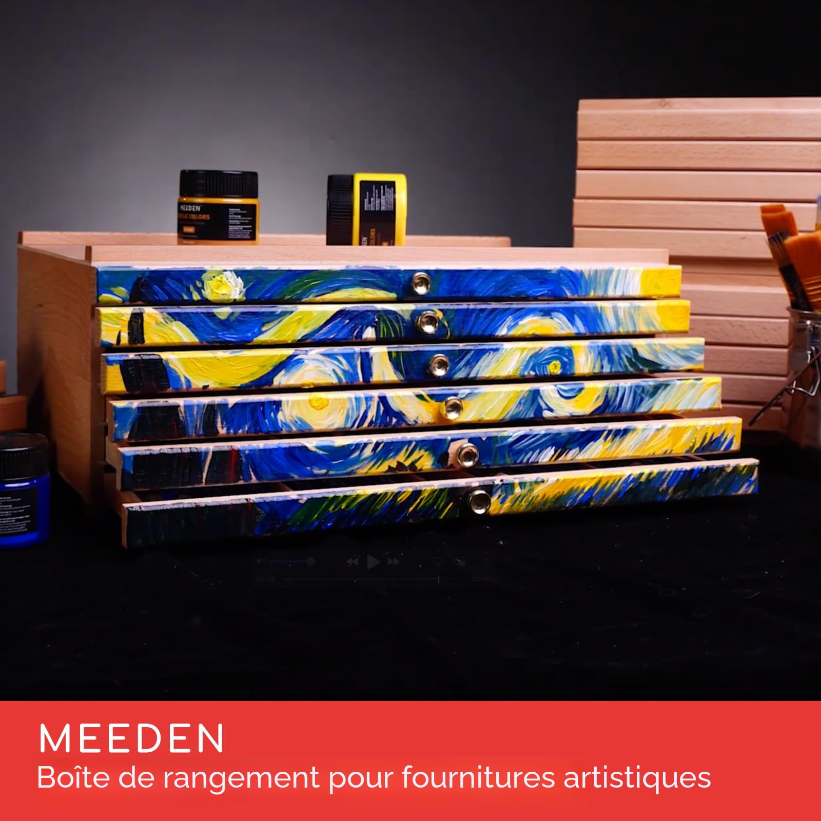 MEEDEN Boîte de rangement pour artiste en bois polyvalent en hêtre mass, boîte à outils d'art avec plateau amovible pour pinceaux, crayons, craies et autres fournitures d'art, 36,6 x 13,5 x 12,7