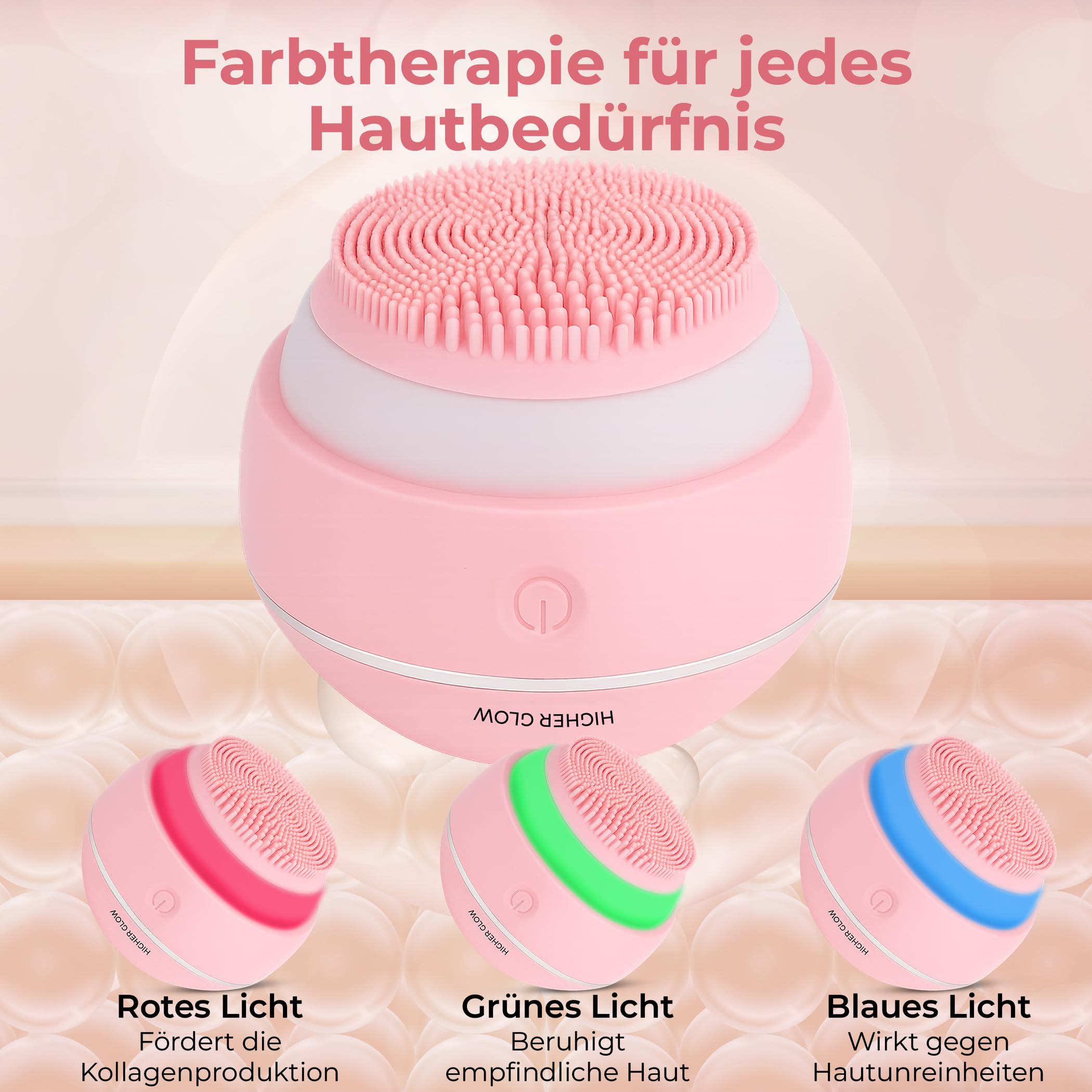 Higher Glow – Premium Elektrische Silikon-Gesichtsreinigungsbürste mit 3D-Schallvibration – Porentiefe Reinigung, Anti-Aging Pflege & Farbtherapie – Wiederaufladbar, wasserdicht & für alle Hauttypen
