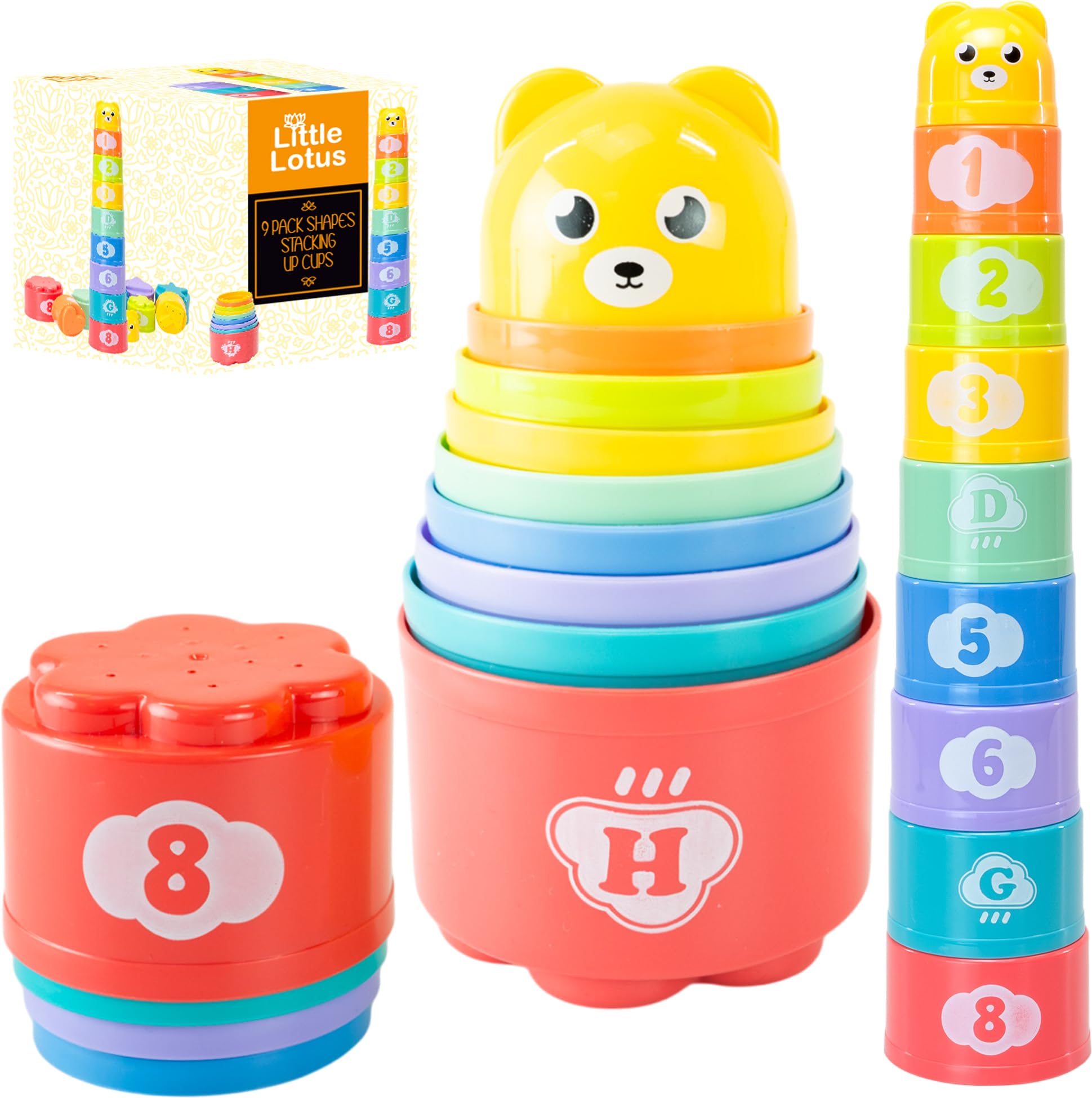 Little Lotus 9-Piece Stacking Toys - Baby Toys Stacking Cups for Early Learning Activity, Measure, Number & Alphabet Letter Recognition - Stacking toy for Baby, Toddler & Kids - Shape Design - Image 2