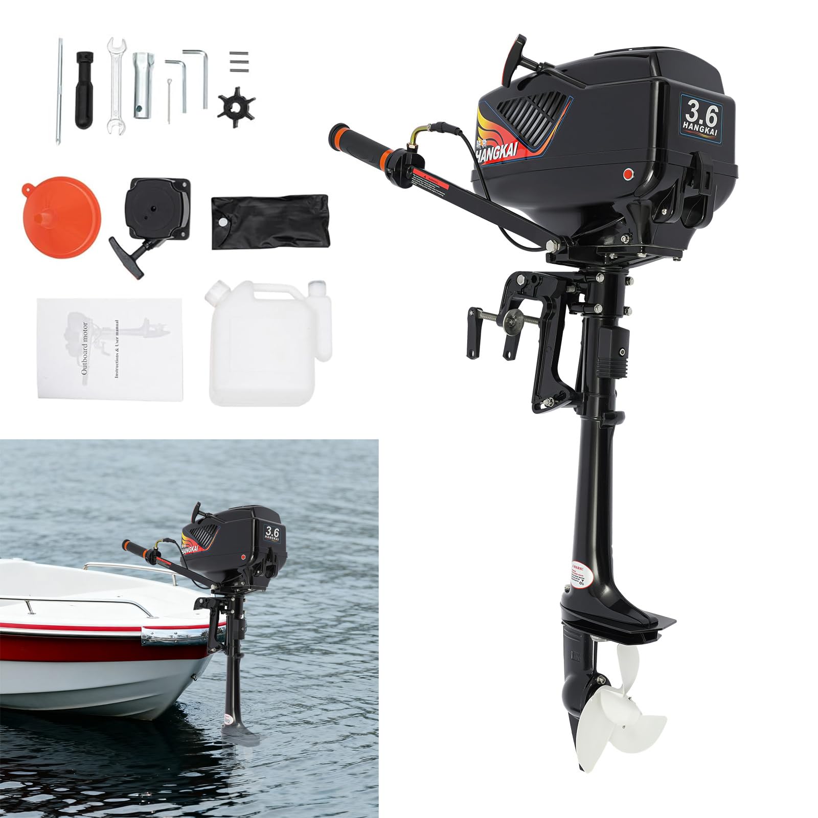 Motor fueraborda de 2 tiempos, 2600W 3.6cv, motor eléctrico fueraborda con CDI y refrigeración, función de giro de 360 grados, motor fueraborda para kayaks, canoas, botes auxiliares y botes hinchables