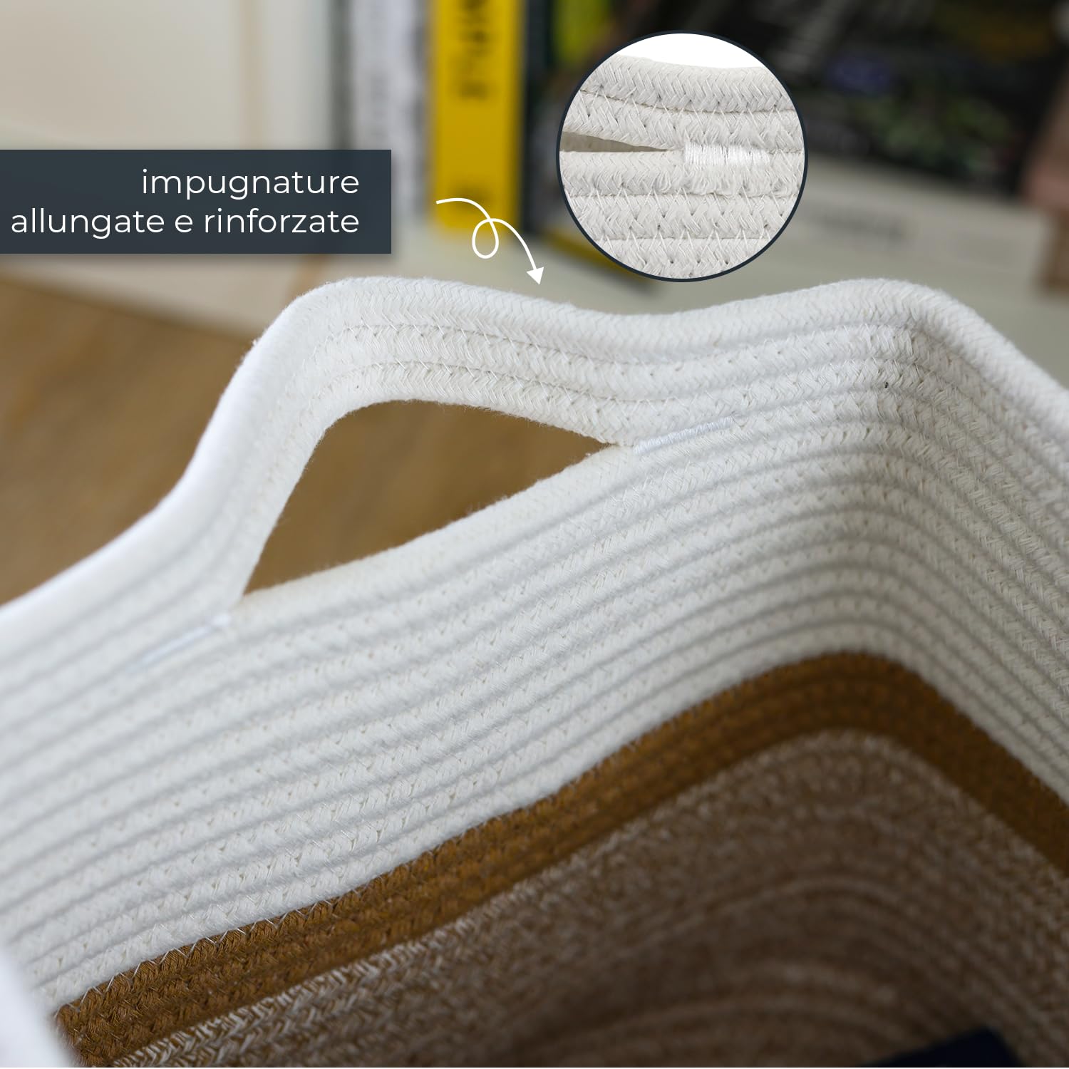Cestino portaoggetti HMF con manici allungati, cestino in cotone | 36 x 30 x 25 cm | Bianco-Marrone