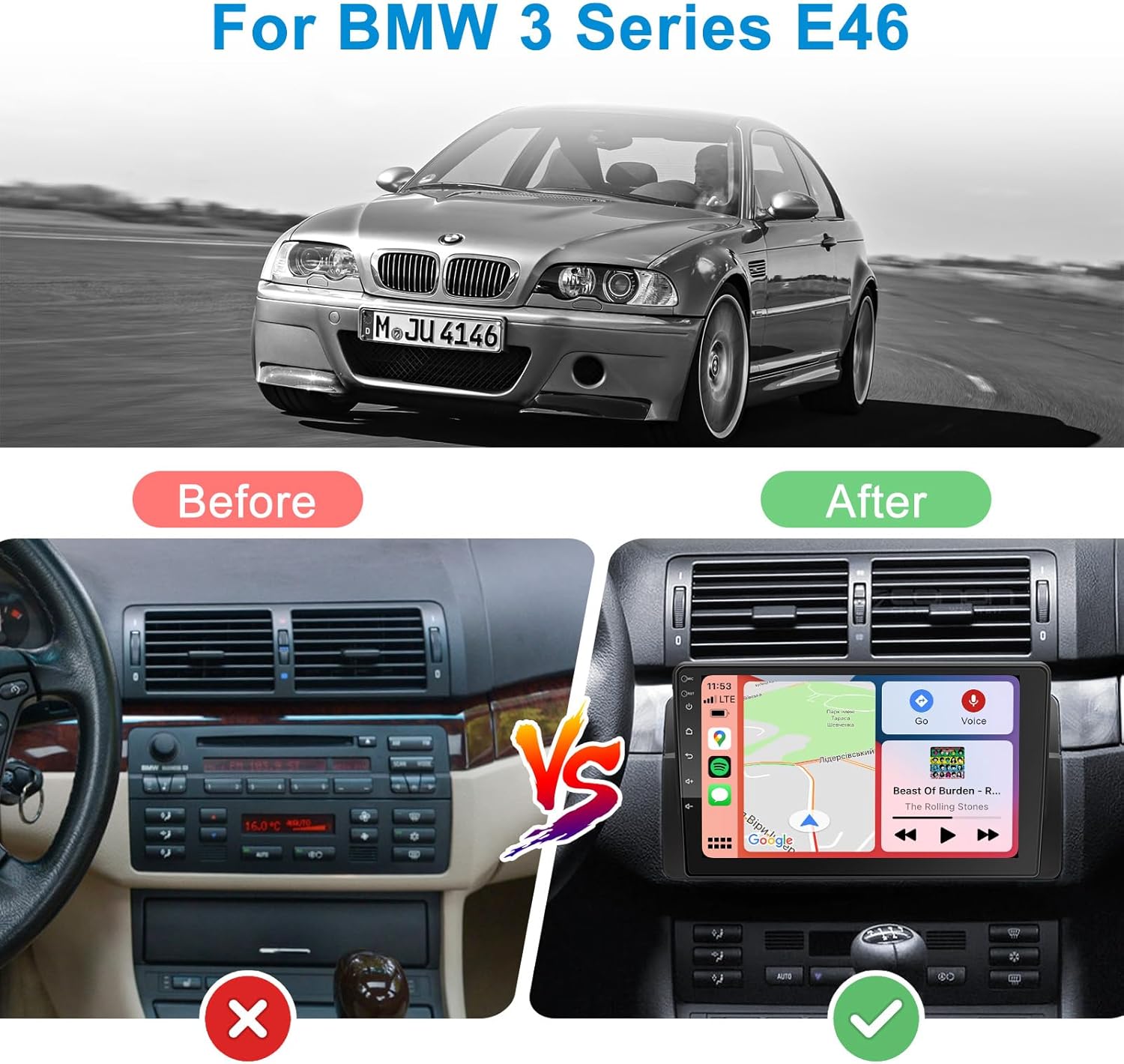 Before and after installation of the car radio in a BMW E46 dashboard.
