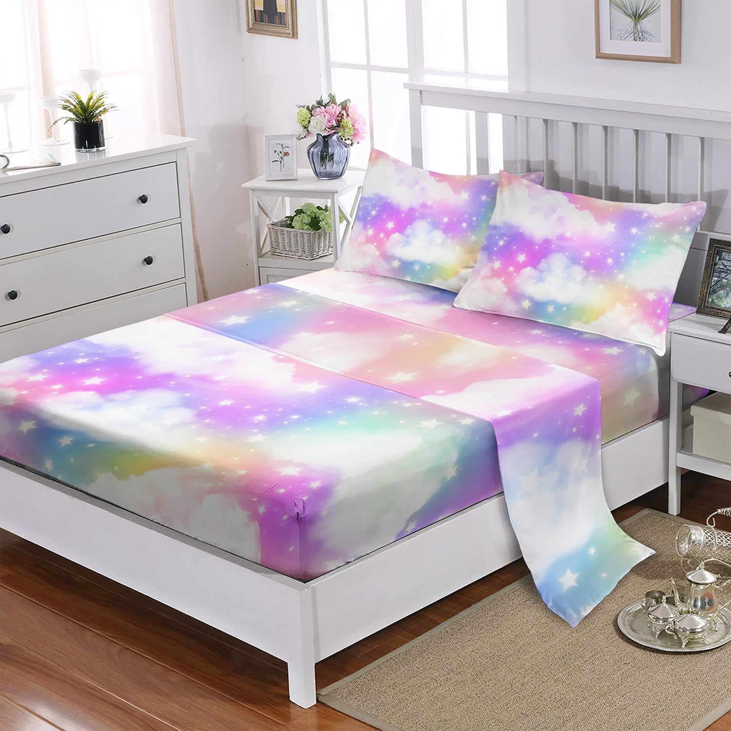 XYNHML Rainbow Kid Bedding Set Glitter Golden Stars Sheet 4Pcs Twin Tie Dye Art Cloud Pattern Bedspread Set for Kids Teens Girls Boys Bed Set with 1 Flat Sheet and 1 Fitted Sheet+2 Pillowcases