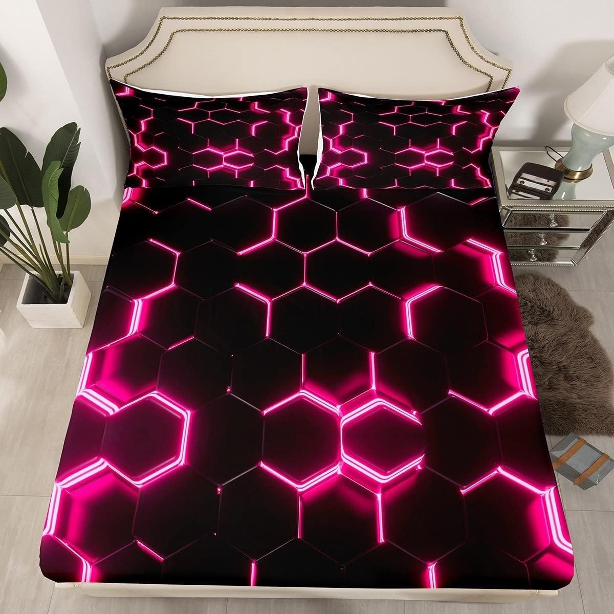 Sábana Ajustable Dibujo Rosa y Negra, Bolsillo Profundo 30 cm Ropa de Cama Microfibre Suave y Cómoda con 2 Fundas Almohada, (Geométrico Minimalista, 180x200cm)