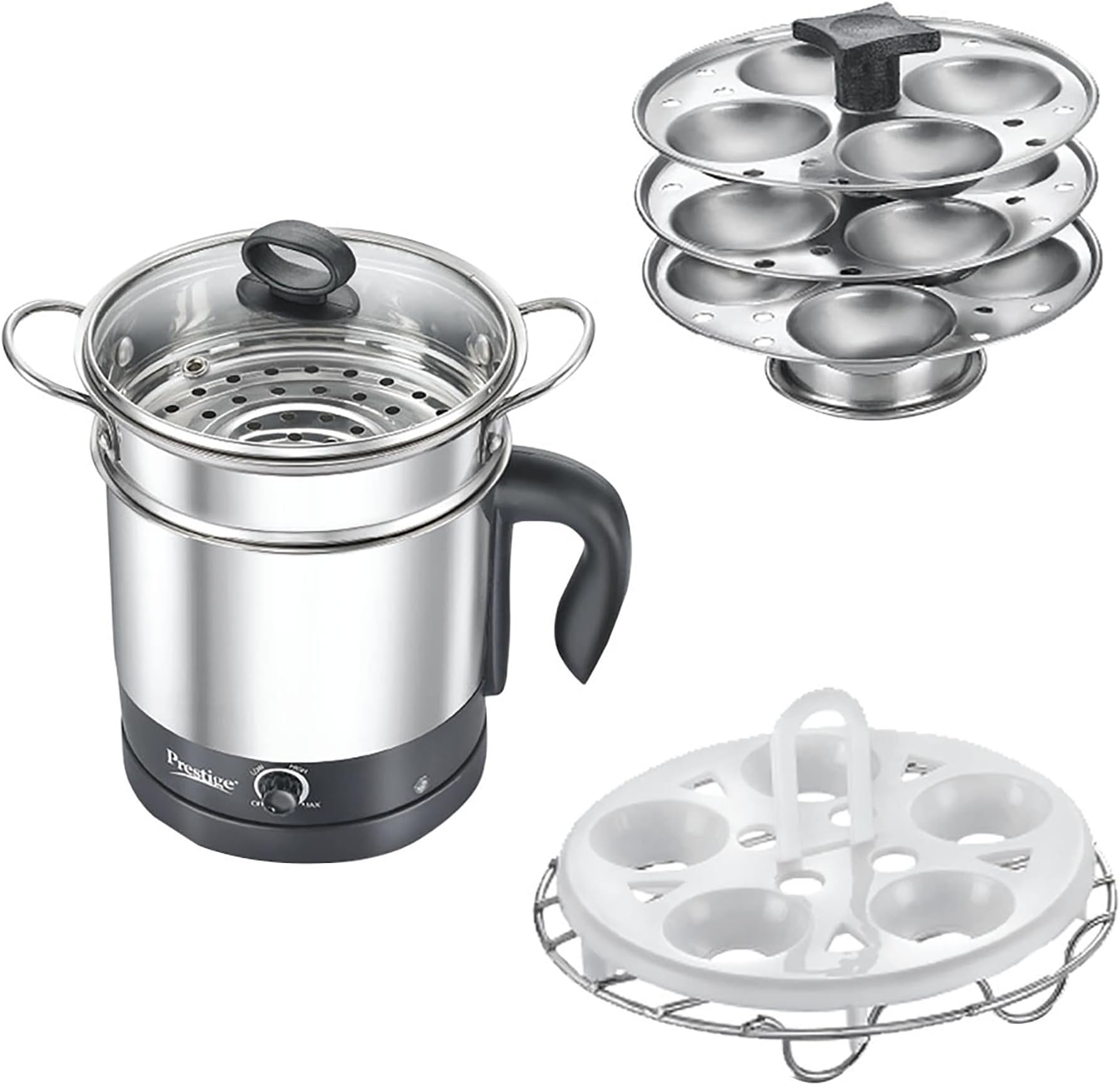 Prestige 1.5L PMC 3.0 Plus Multi Kettle/Multi Cooker|Comes with Idli stand, egg boiling rack & Steamer| Glass Lid with Stainless Steel rim|Temperature Control |Power Indicator (Silver, Black)