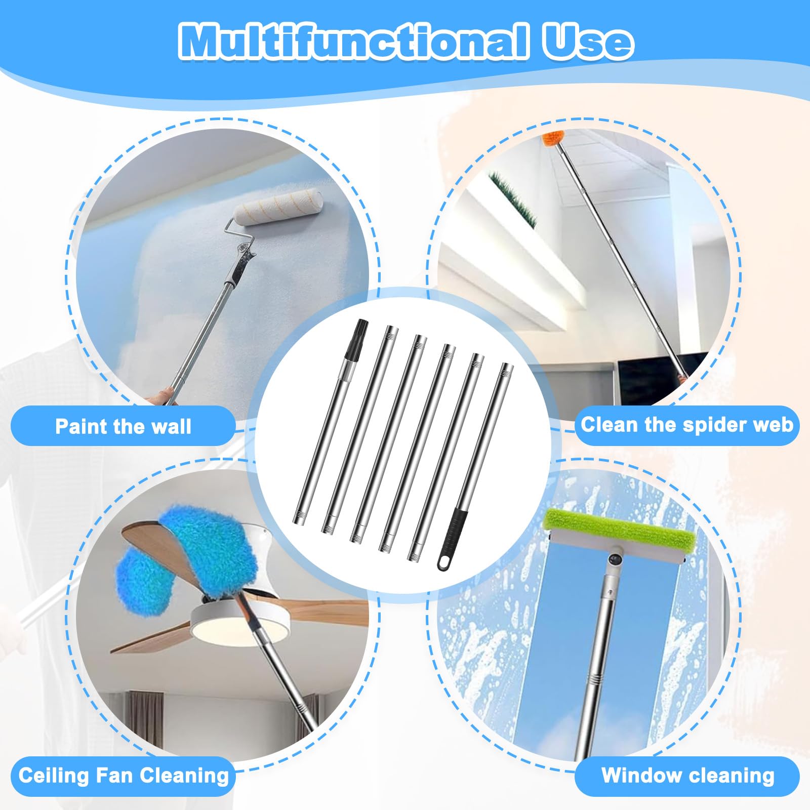 2.2M Kit Manche Telescopique avec Poignée PP, Perche Nettoyage Toiture Acier Inoxydable, Brosse Nettoyer Gouttière Extension, Canne Extensible Vitres 6 Segments pour Rouleau Peinture