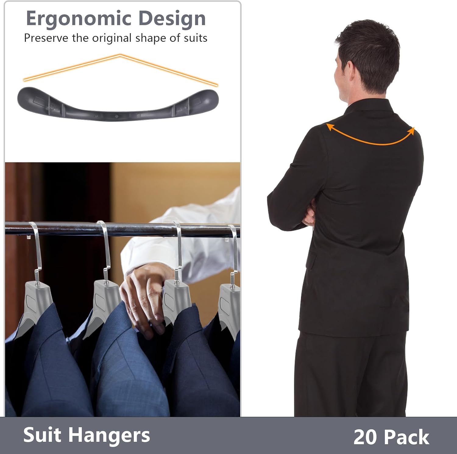 DEDU Suit Hangers for Men 20 Pack, Sweater Hangers No Shoulder Bump Non Slip Width 17.7", Plastic Clothes Hangers Grey with Metal Hook image 4
