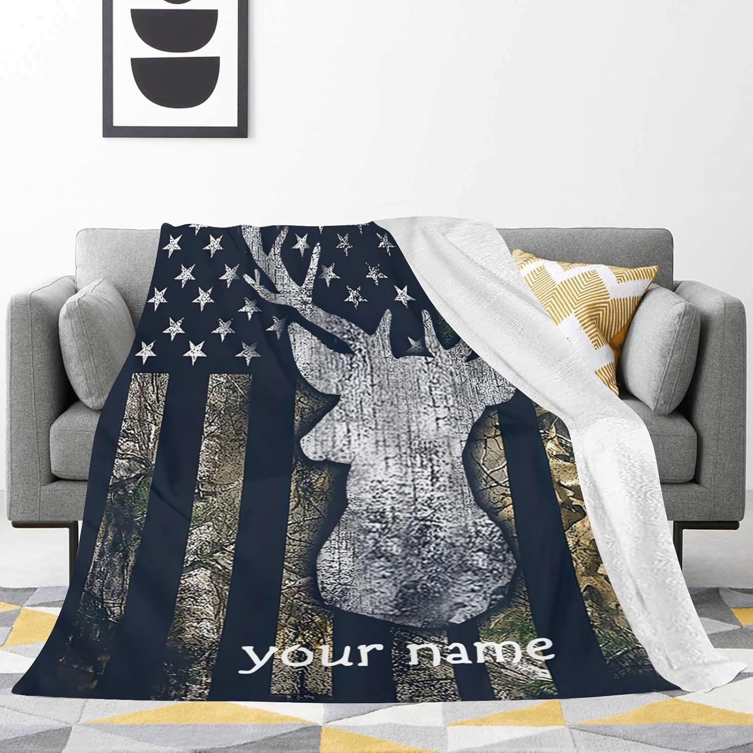 Custom Blanket with Name Personalized Throw American Flag Camo Deer Soft Fleece Blanket for Gifts (50 X 60 inch)