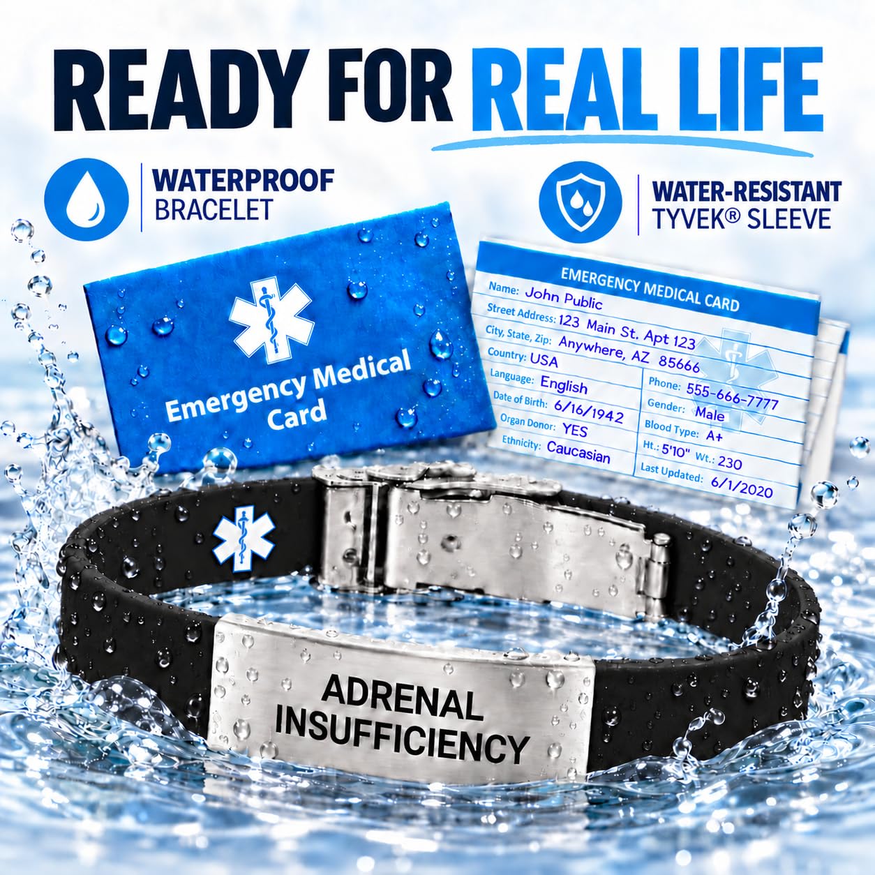 Bracelet d'identification médicale réversible « Insuffisance surrénale » pour homme et femme