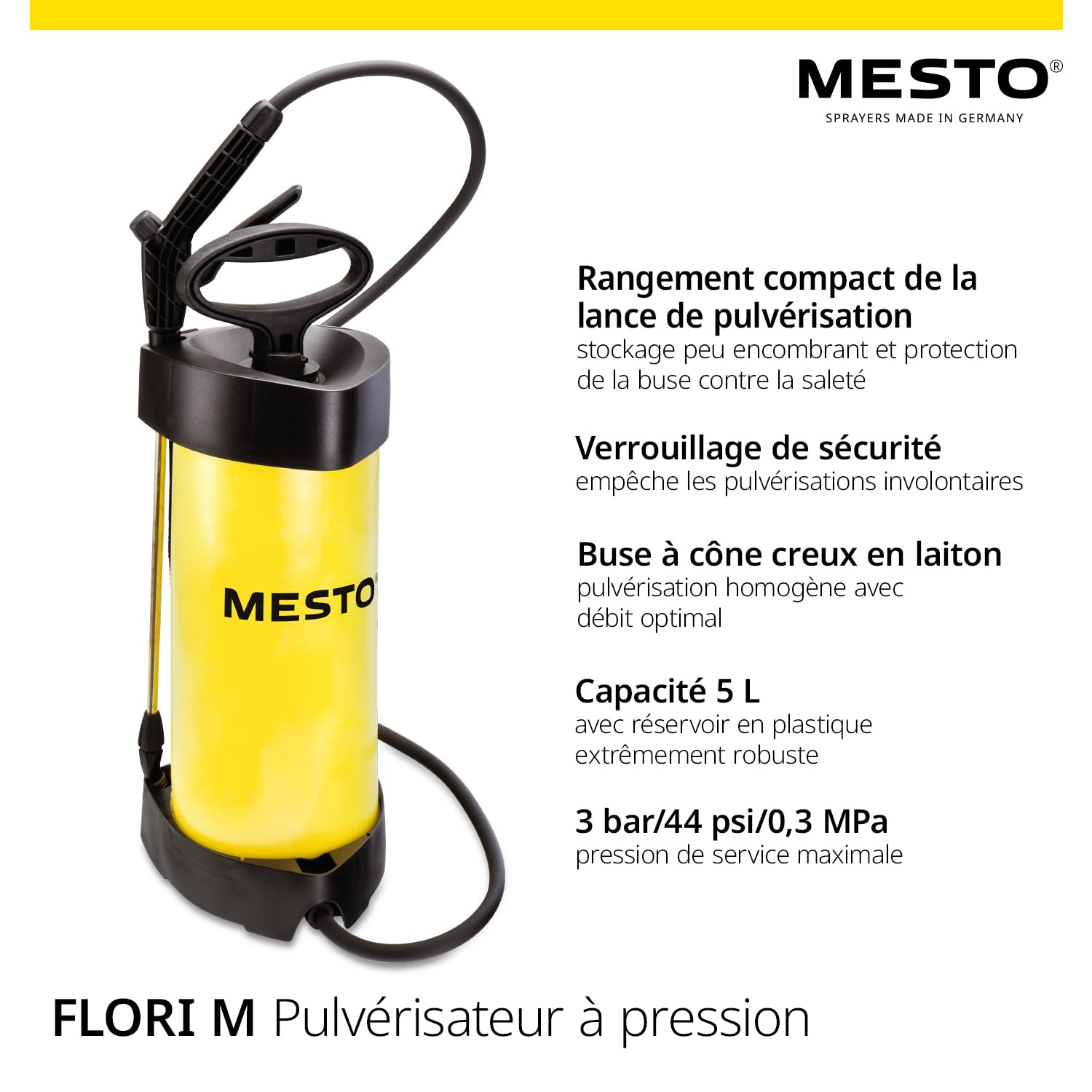 MESTO FLORI M Pulvérisateur à pression 5 L avec écran de pulvérisation rond | Pulverisateur de jardin et plantes | Pulvérisateur à main 3 bar pour arrosage, désherbage et protection des plantes