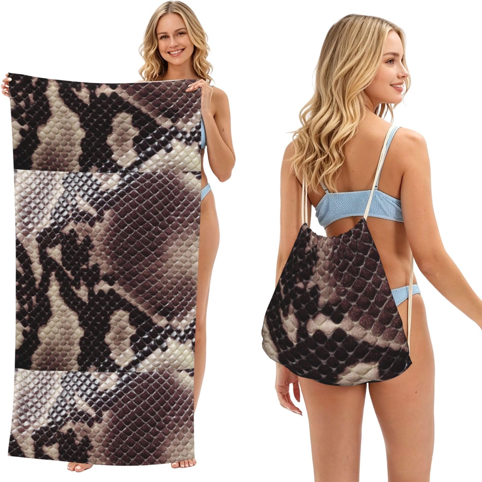 Poadnly As Picture Snake Skin Texture, 2 In 1 Packable Towel Bag, Beach Towels With Drawstring Backpack For Travel Holiday Camping