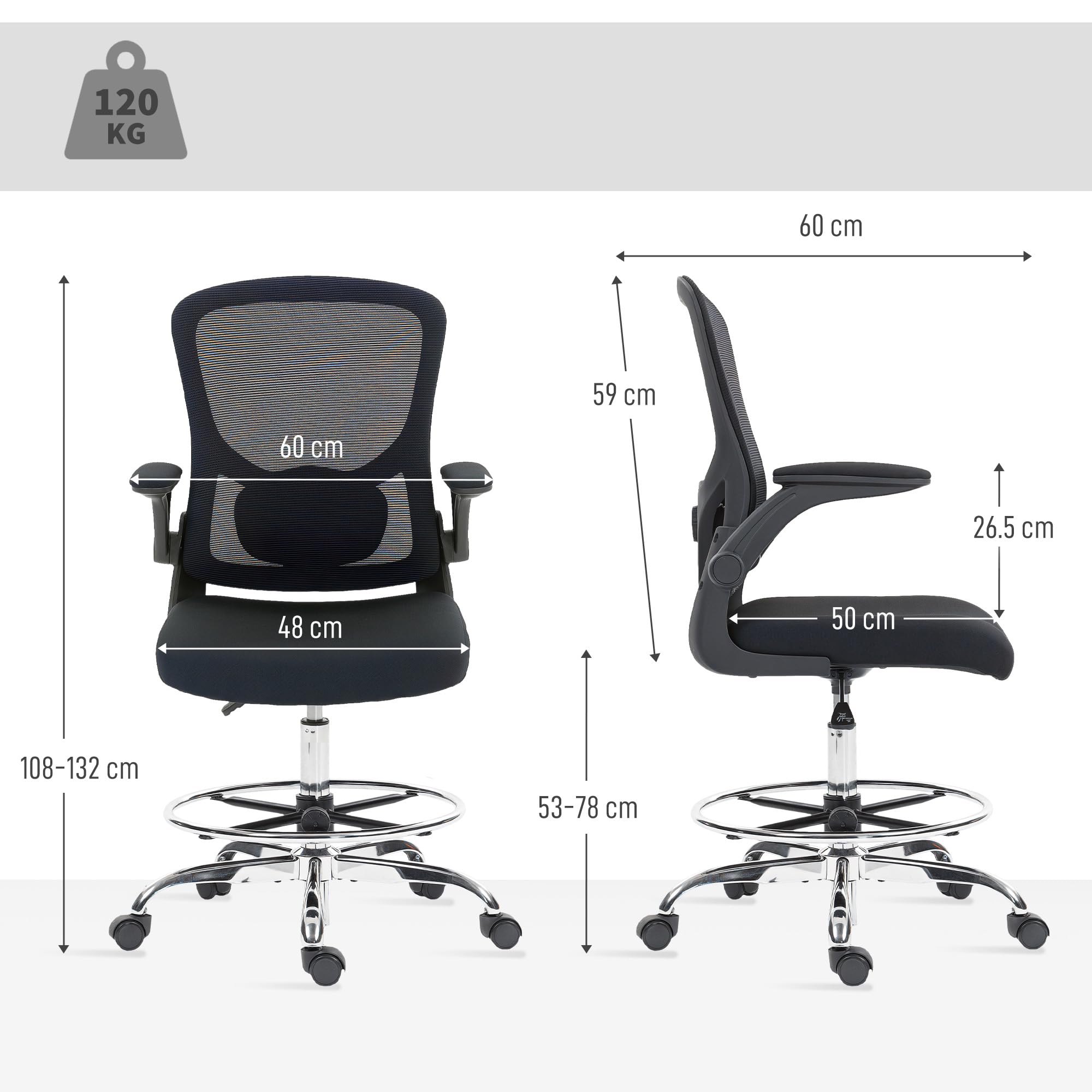 HOMCOM Chaise Bureau Ergonomique Support Lombaire 4D Haute Réglable Noir