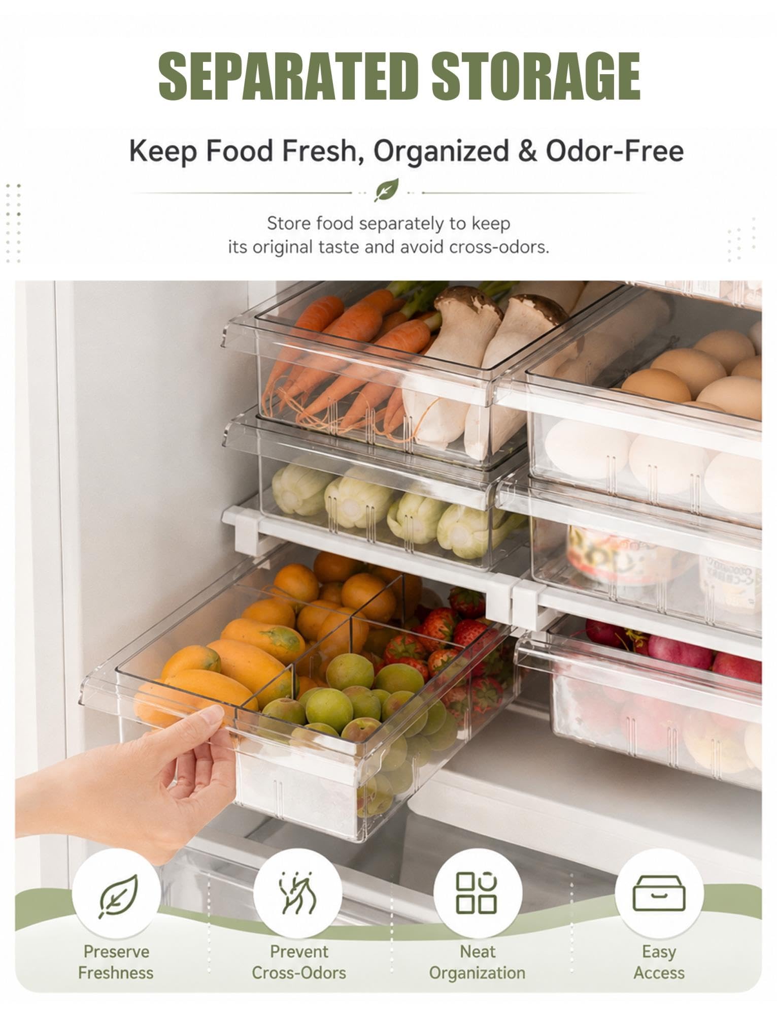 Cajón Organizador Extraíble para Nevera, Huevos, Frutas y Verduras