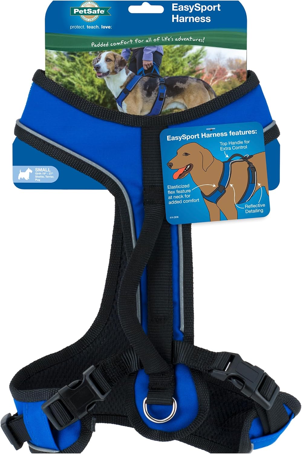 PetSafe EasySport Harness – Durable Padded Fabric, Adjustable Elastic Neckline, Rear-Leash Attachment & Nighttime Reflective Visibility – No Choke or Gag Secure Fit – Small – Blue