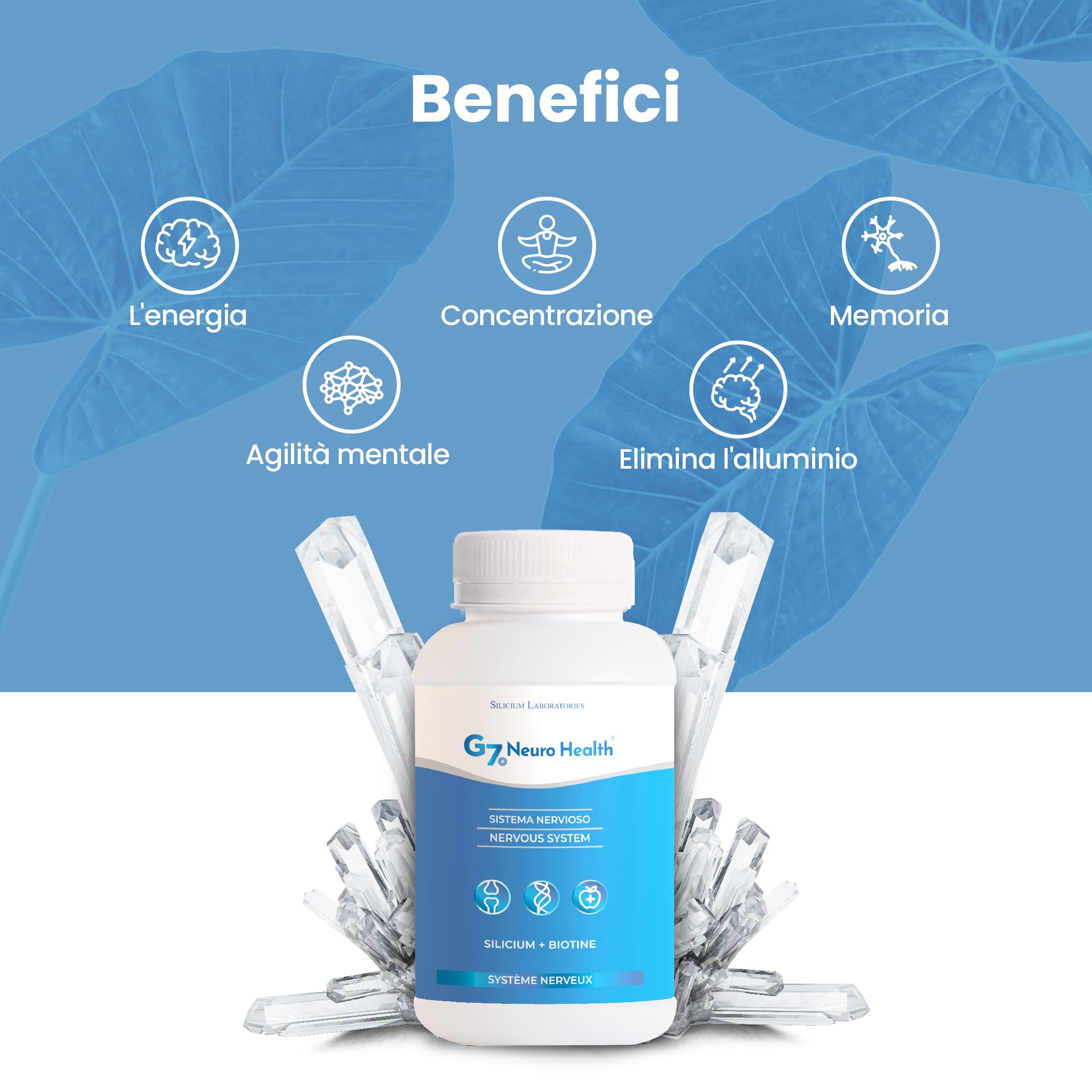 G7 Neuro Salute. Supplemento favorisce la concentrazione e la memoria e contribuisce rimozione di metalli pesanti. Silicio e magnesio biotina. 120 capsule.