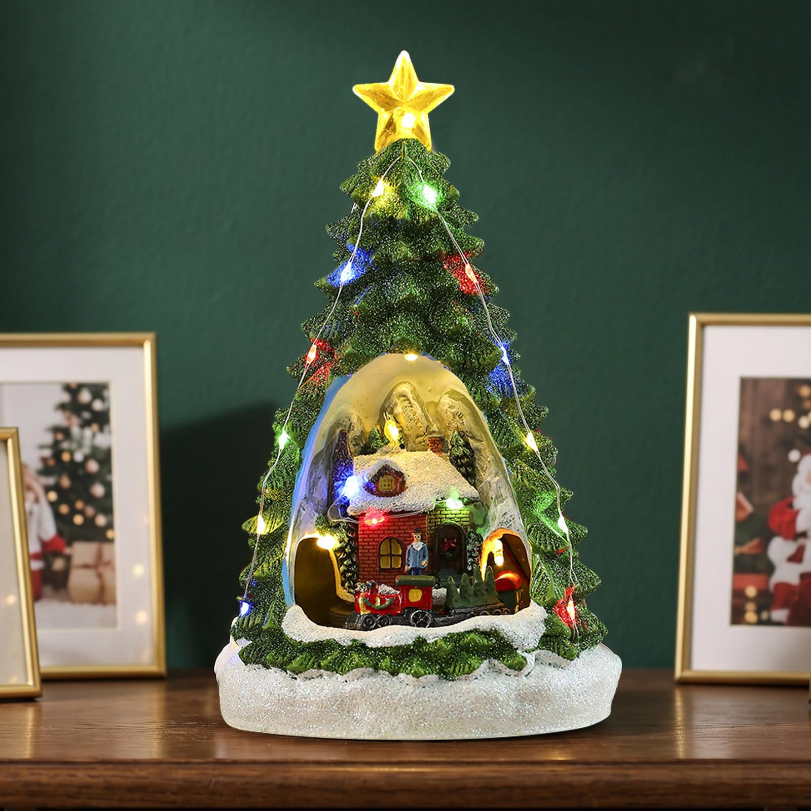 Kisangel Casa di Natale animata e musicale, ornamento natalizio da collezione con statue, trenino in movimento e luci a LED, regalo festivo da tavolo per le vacanze.