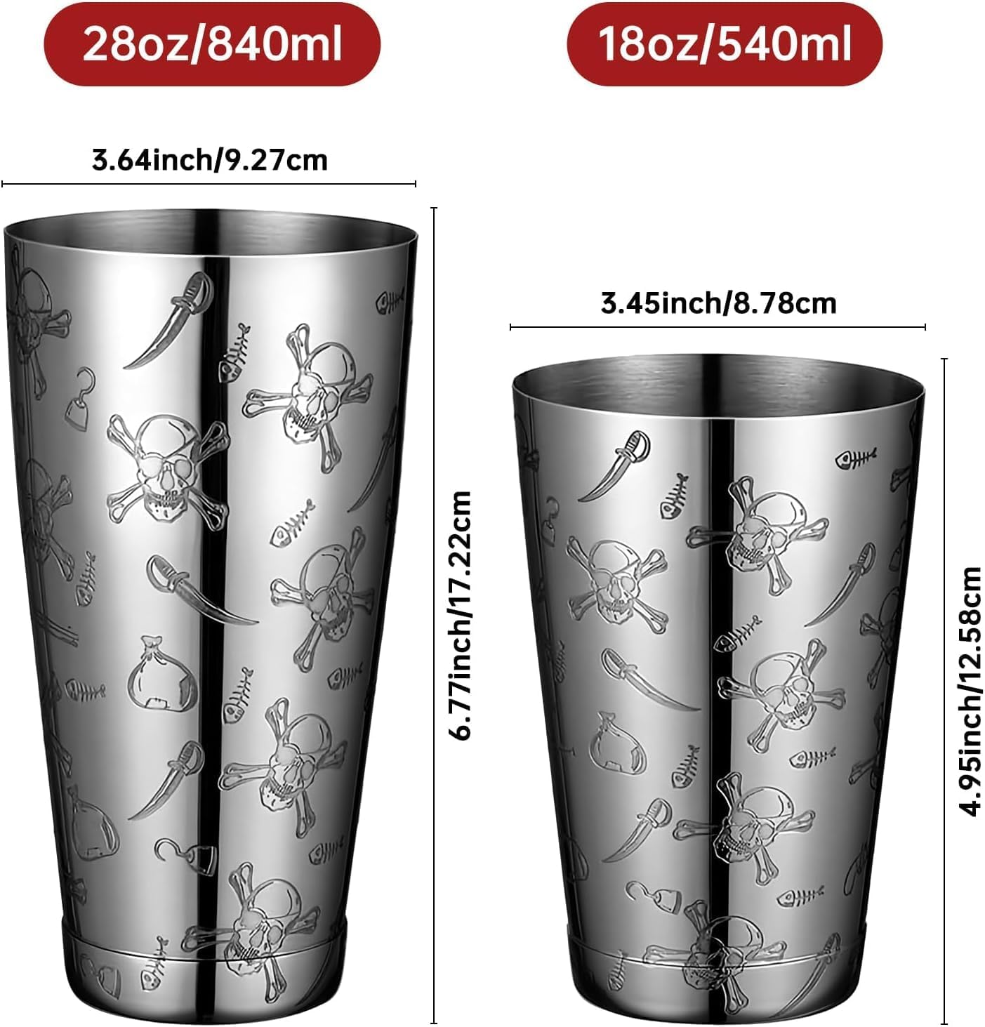 Stainless Steel Boston Shaker with Etched Pattern Weighted Shaking Tin Set 18 & 28oz Pattern Cocktail Shaker Set Two-Piece Heavy Metal Boston Tins Only (Style1 skull) - Image 4