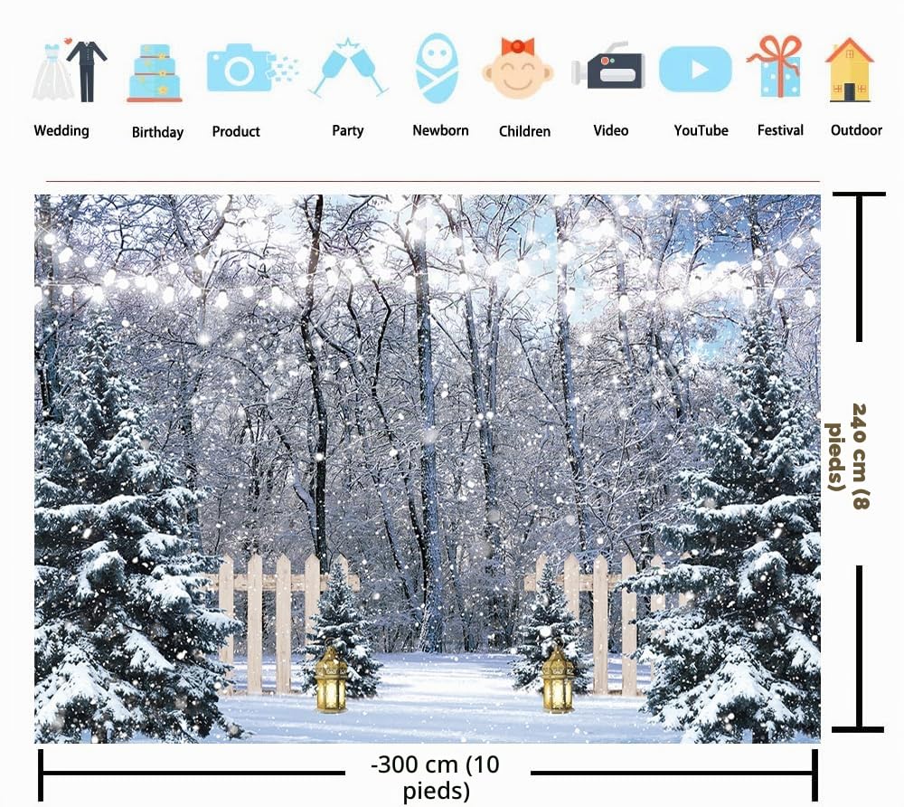 BUTEN Toile de fond de scène d'hiver au pays des merveilles de la neige, sapin, forêt, arrière-plan pour photographie de Noël, Nouvel An, fête, portrait, studio photo, accessoires (300 x 240 cm)
