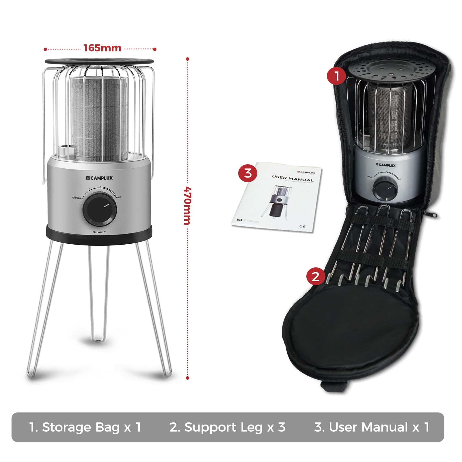 CAMPLUX Nano Tragbarer Gasheizer, 2,34 kW, 2 Stufen, 360° Outdoor-Heizung, 29 mbar Butan, ODS & Kippschutz, Ideal für Camping, Angeln & Garten, NanoAir 2