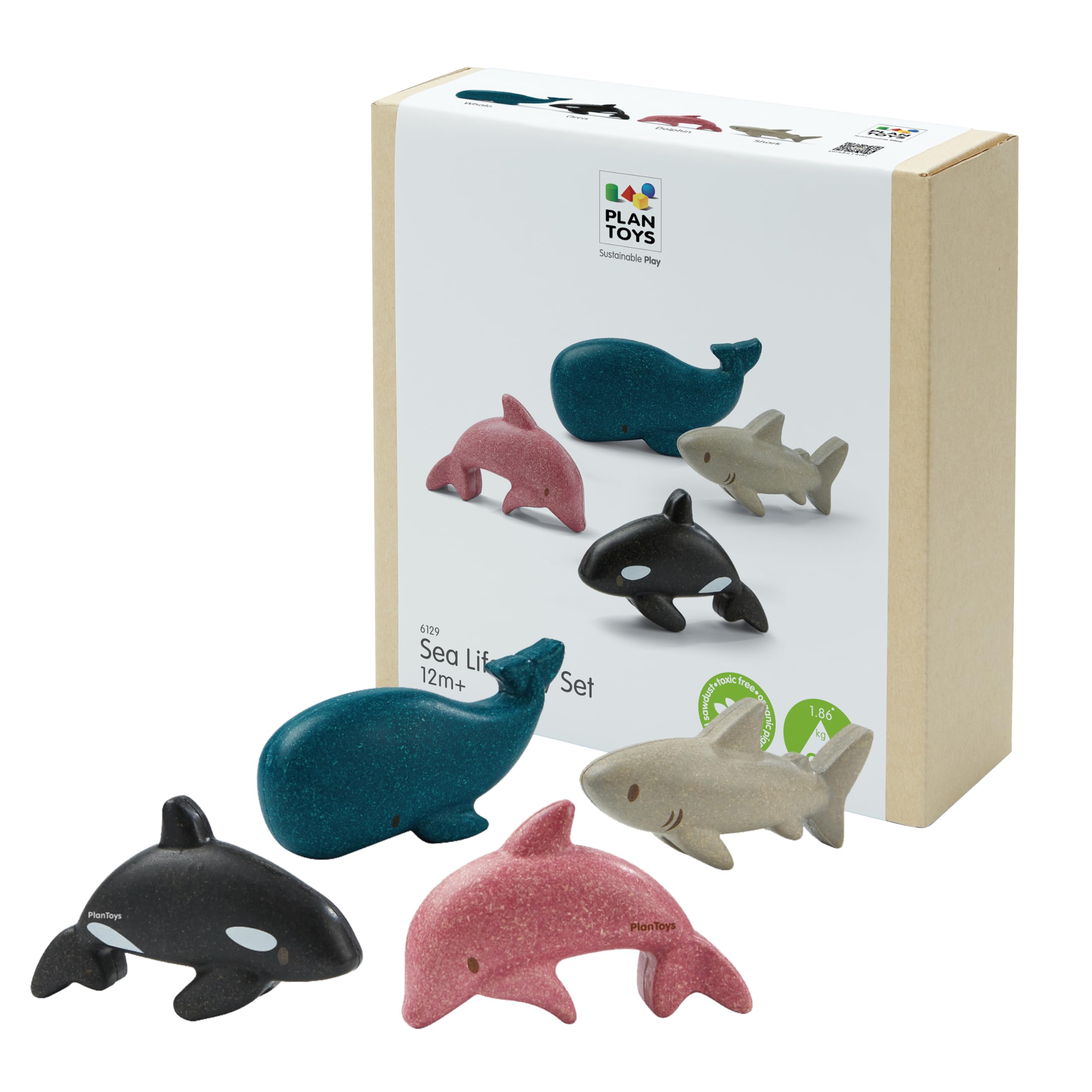 PlanToys® Wooden Sea Life 4-Piece Set, Dolphin, Orca, Whale & Shark Kids Toy
