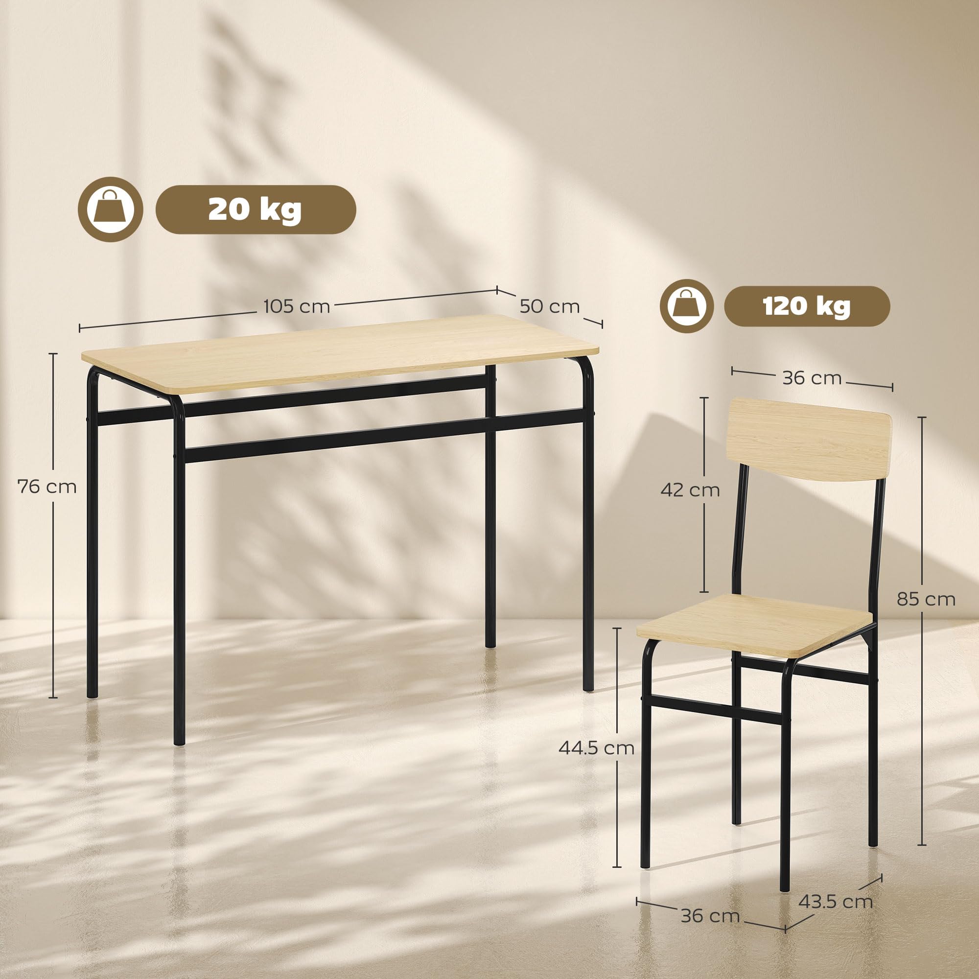 HOMCOM Set Tavolo e Sedie Sala da Pranzo 5 Pezzi, Tavolo da Pranzo Rettangolare e 4 Sedie in Legno e Metallo, Salvaspazio, Design Industriale, per Soggiorno Salotto Cucina, Nero e Color Legno