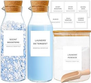 Liquid Laundry Detergent Container, Glass Detergent Bottle for Laundry Room | 3 Pack Laundry Storage Containers for Organizing, Laundry Beads & Dryer Sheet Holder, Laundry Soap and Softener Dispenser
