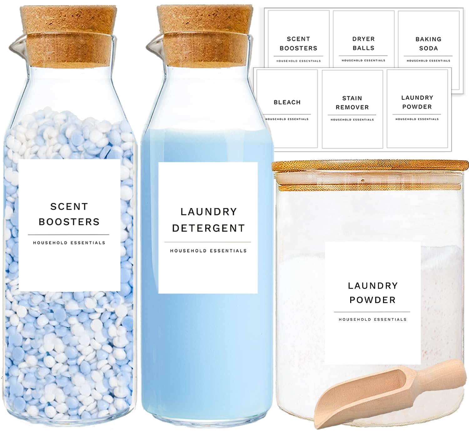 Paquete de 3 cápsulas de lavandería y organizador de detergente para lavandería, grandes tarros de almacenamiento de vidrio con tapas, etiquetas y cucharas para polvo, detergente, perlas potenciadoras | Contenedores de almacenamiento para jabón y suavizan