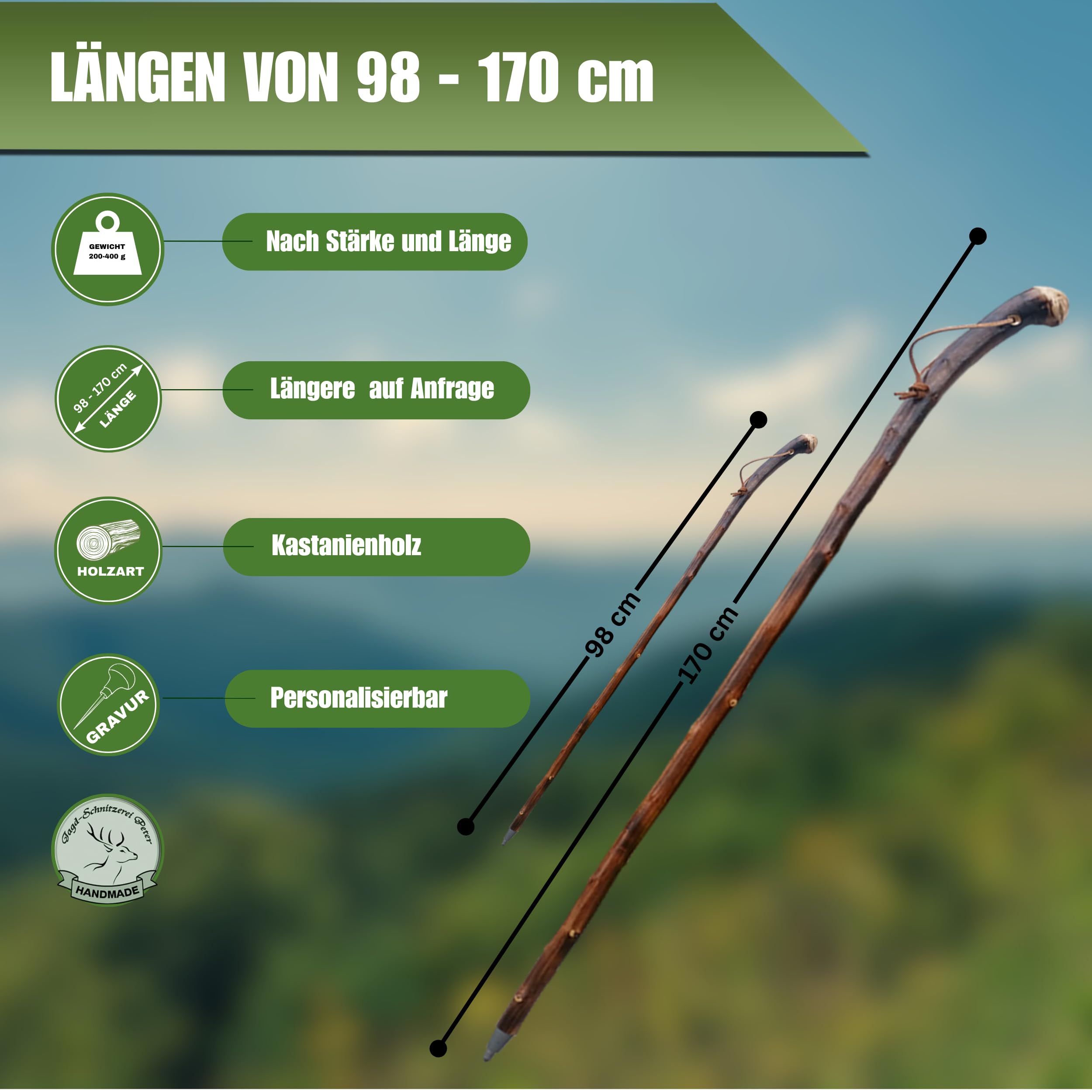 Wanderstock Holz aus Naturwurzelholz mit Sternzeichen-Symbolen, 98-170 cm | 15 Zeichen im Preis enthalten