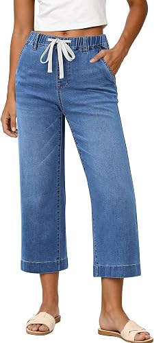 GRAPENT Capris Jeans for Women Trendy Wide Leg Capri Pants High Waisted Pull On Elastic Waist Summer Stretch Denim Jeans