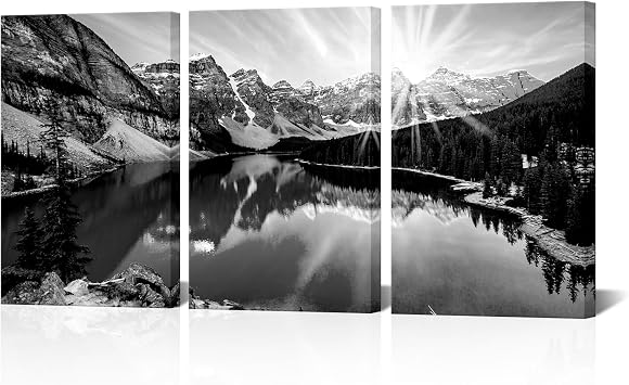 NutArtPic Black White Snow Mountain Wall Art Colorado Rocky Mountains and Moraine Lake at Sunrise Picture Canvas Framed Medium, Black White