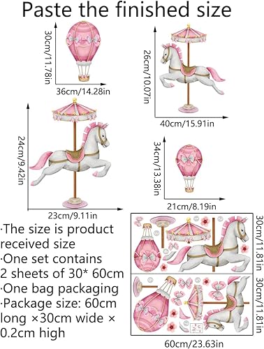 Miniatura 2 de Calcomanías de pared de carrusel de ensueño 3D, 2 carruseles rosados, pajaritas, calcomanías de pared, bricolaje, despegar y pegar, acuarela, globo