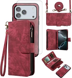Asuwish Phone Case for iPhone 17 Pro 6.3 inch Zipper Wallet Magnetic Cell Cover with Tempered Glass Screen Protector Crossbody Wrist Strap Flip Credit Card Holder i Phone17 i17 17Pro Women Girls Red
