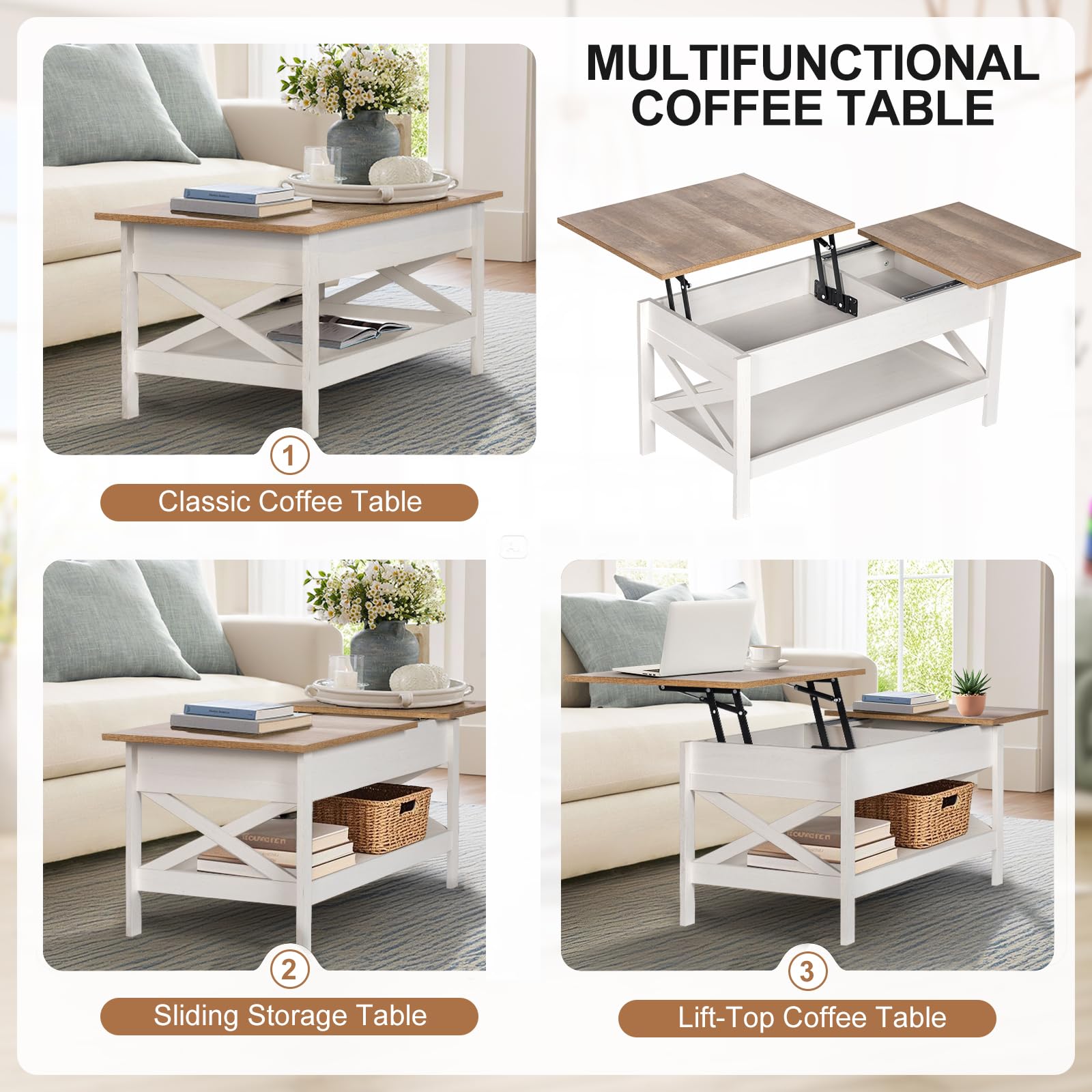 Mesa Elevable Salon,Mesa de Centro con Placa Elevable, Mesa Baja Salon de 39 Pulgadas con Compartimento Oculto, Mesa de Salón Tipo Push-Pull para Salón y Oficina (Blanco)