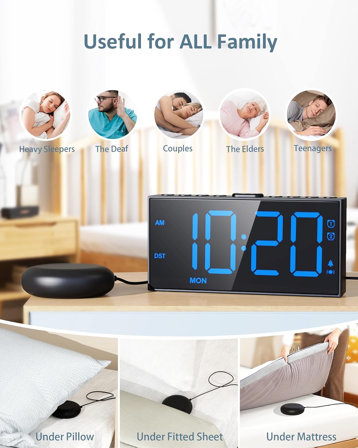 Roxicosly Vibrating Alarm Clock with Bed Shaker for Heavy Sleepers Adults, Dual Alarms for Weekday & Weekend, Large Display, Snooze, USB Charging Port, 12/24H DST