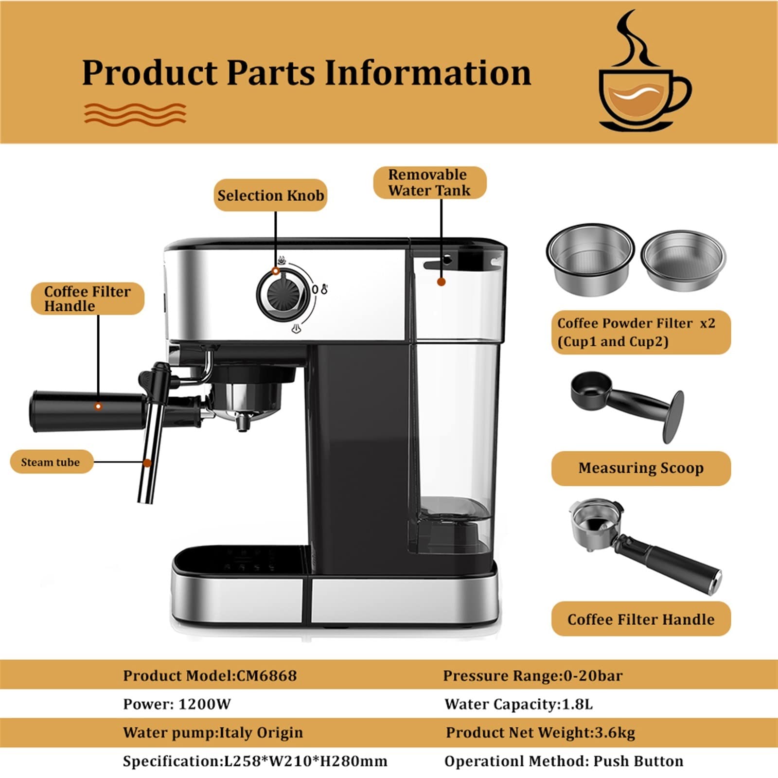 DieffematicKF Macchina caffè Espresso Coffee Machine Instant Preheat Coffee Maker with Milk Frother Cafetera Cappuccino Hot Water Steam (Color : CM6868 Coffee Maker, Size : EU)