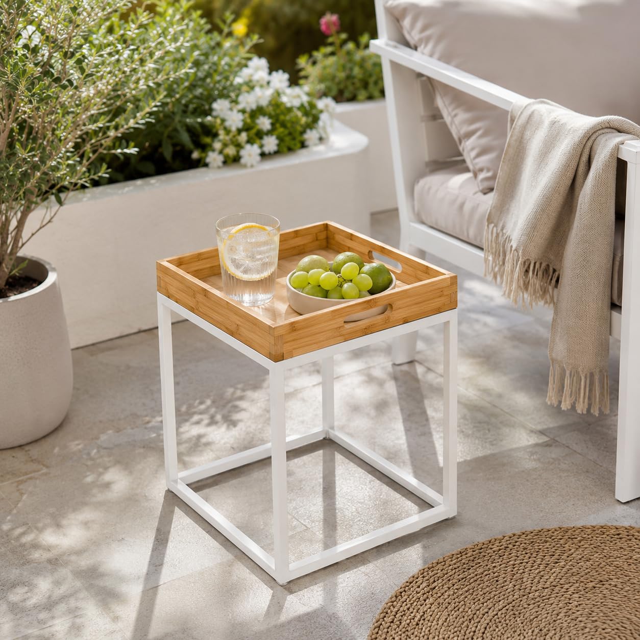 Mesas de Centro Nido XZ-22166-1 Set 2, Cuadradas Bambú y Metal, Estilo Nórdico, Color Blanco, Mesas Auxiliares para Salón, Diseño Moderno y Resistente