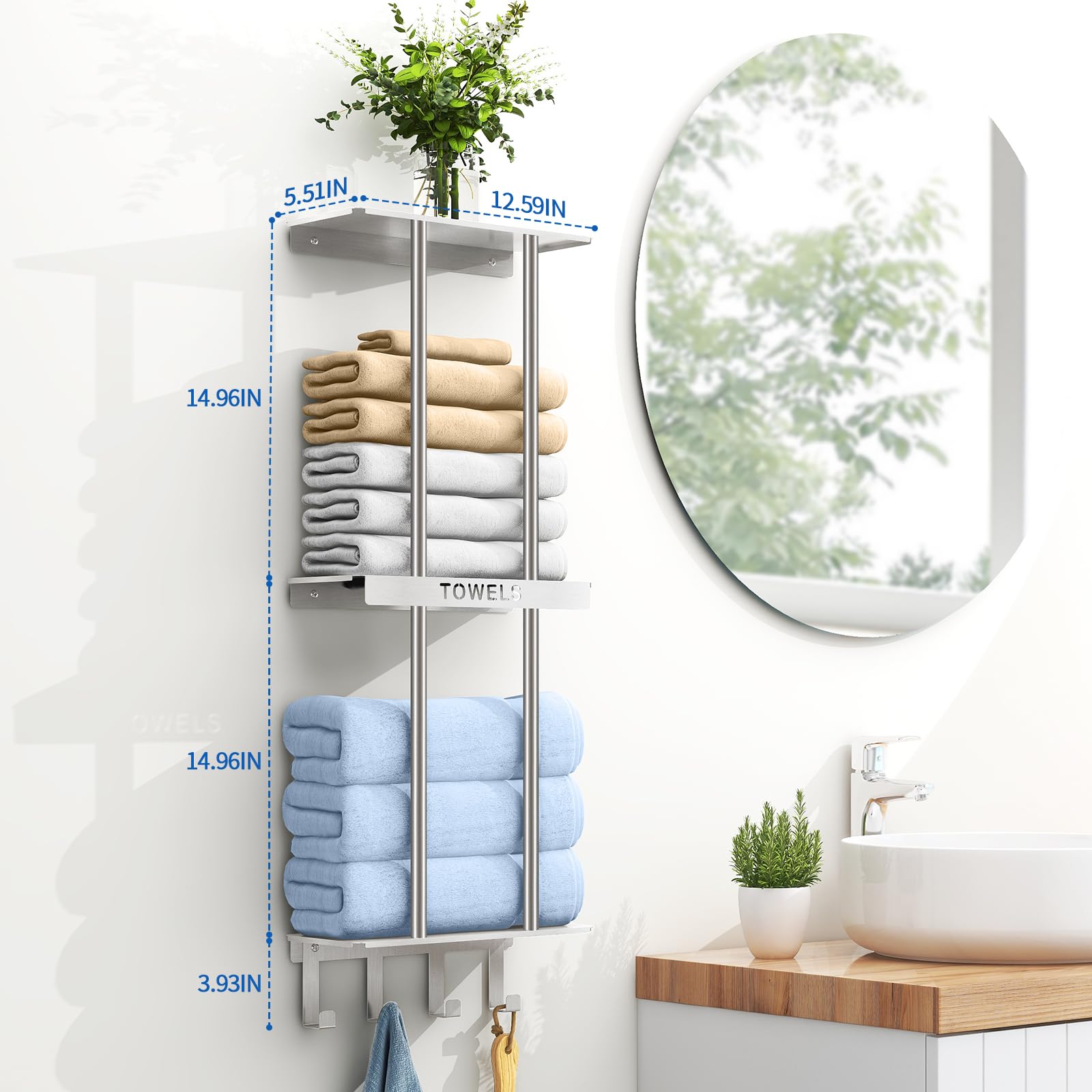 Bathroom Towel Rack with Shelf, New Upgrade 3 Tier Towel Storage Rack for Bathroom Wall Mounted with 4 Hooks, Wall Towel Holder for Rolled Towels, Towel Shelf for Small Bathroom,Brushed Nickel