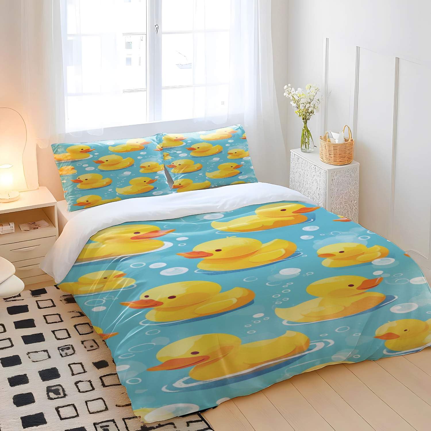 Juego de funda de edredón de pato de goma amarillo, tamaño King, juego de ropa de cama de estilo dibujos animados dibujados a mano, ropa de cama azul para cuna, decoración de habitación de niños